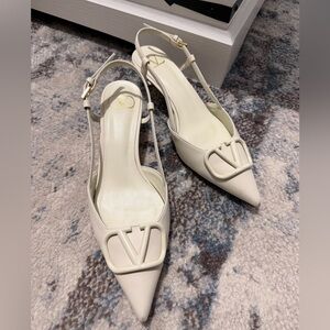 Valentino Ivory Pointed-Toe Slingback Pumps